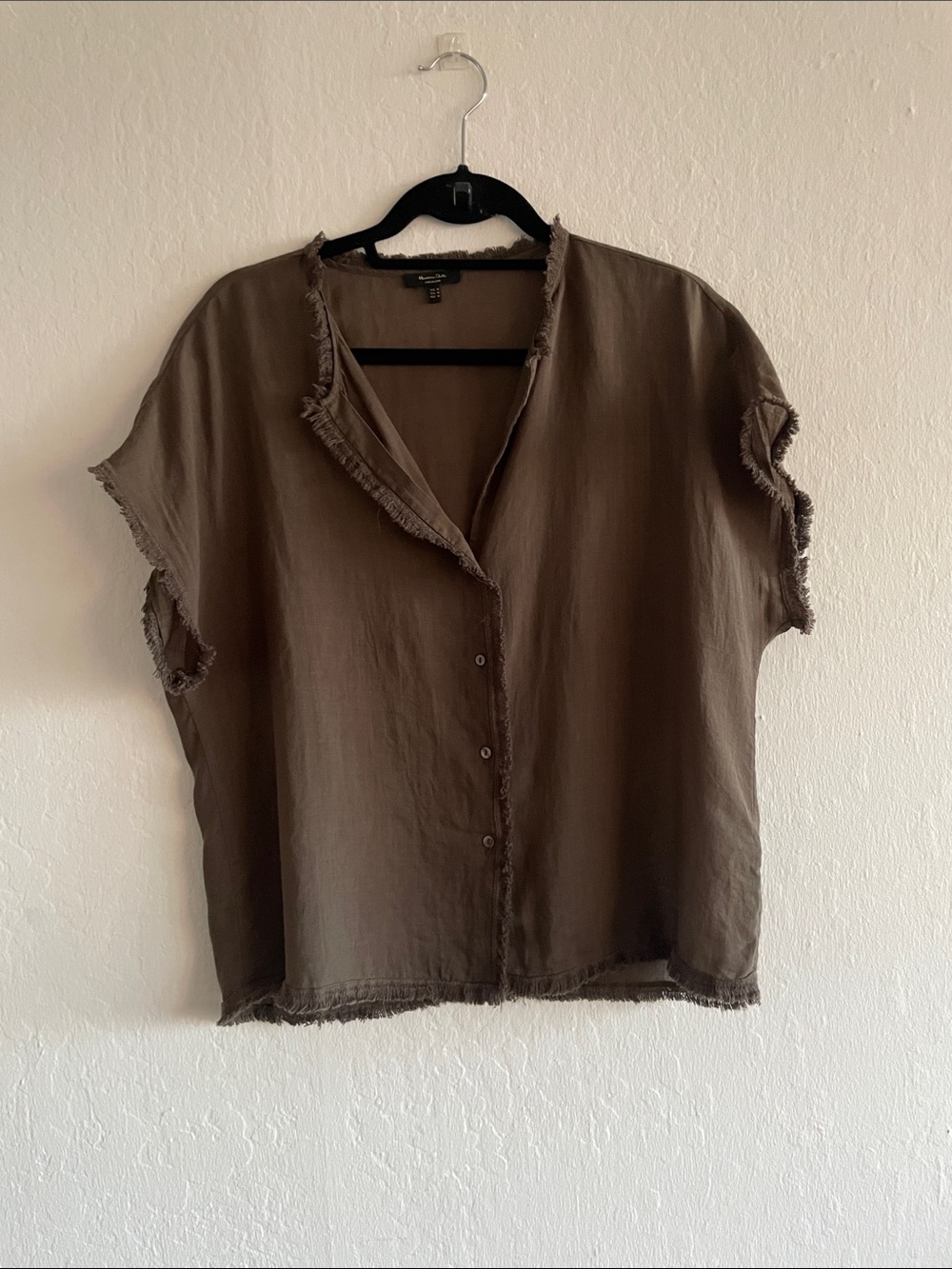 Massimo Dutti dark olive green Frayed edge Short-Sleeve Button Down Top